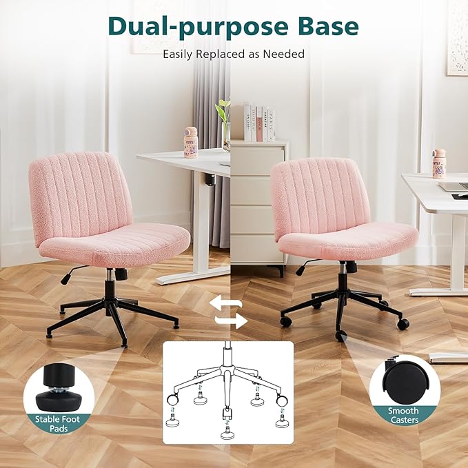 OLIXIS Criss Cross Chair with Wheels, Vanity Chair, Home Office Desk | Furry Teddy Fleece, Wide Seat Armless, Height Adjustable Swivel, Home Computer Task, Bedroom, Study, Pink Teddy - Image 6