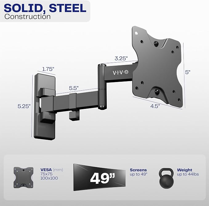 VIVO Full Motion Ultrawide Monitor Wall Mount, Fits Ultra-Wide Screens up to 49 inches and 44 lbs, Tilt and Swivel Arm, Black, MOUNT-VW01M - Image 3