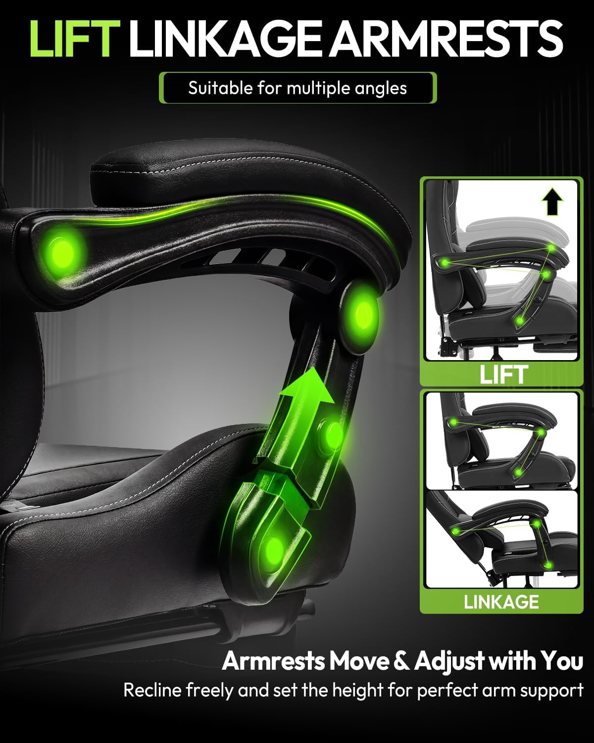 Dowinx Ergonomic Gaming Chair with Footrest & Massage Lumbar, 2D-Linkage Armrests for Computer Chair 330lbs with Headrest Pillow for Office, Home, Streaming and Long Gaming Sessions, Black - Image 4