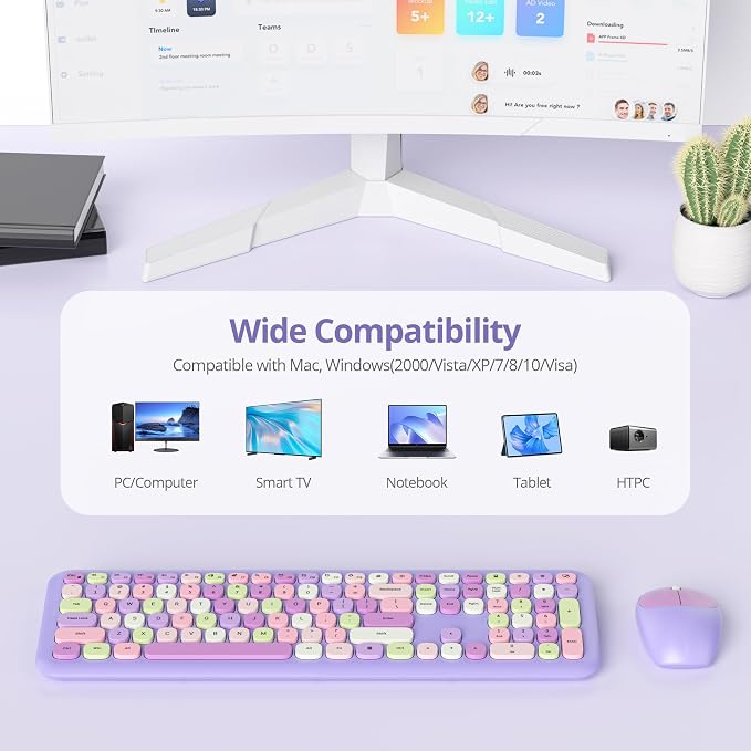 Surmen Cute Purple Keyboard and Mouse Wireless Silent, Full-Size Retro Typewriter Wireless Quiet Slim Colorful Keyboard Low-Noise 2.4GHz for Computer, Desktop, Laptop(6-Purple) - Image 3