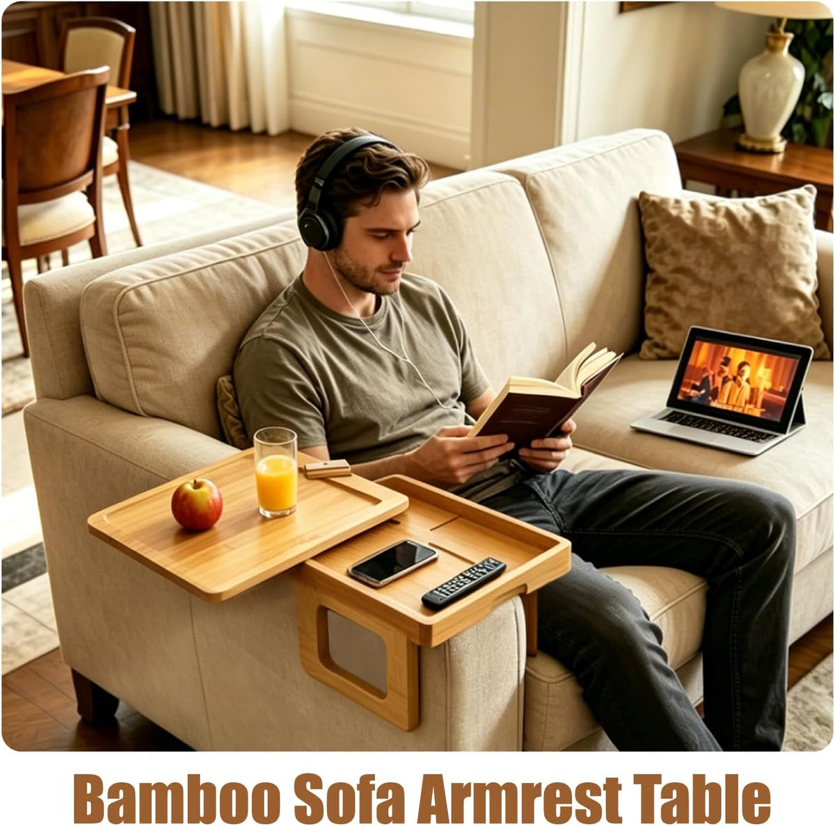 Bamboo Sofa Arm Tray Rotating Tabletop Couch Arm Table - Image 7