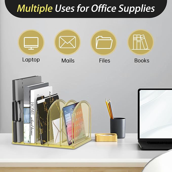 5-Section File Organizer for Desk, Metal File Folder Holder, Gold | 5 Vertical Compartments with Sturdy Metal Base for Office Documents Books Magazines and Laptop - Image 6