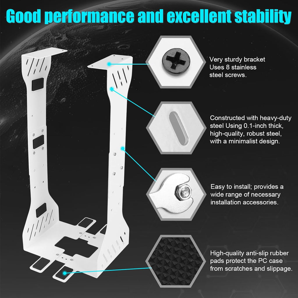 Heavy Duty Adjustable Under Desk PC Holder 7.5 to 12 Inch Wide, Supports up to 80 Lbs Load Capacity, Under Desk PC Mount, Wall Mount Space Saving Computer Case Tower Holder-White - Image 5