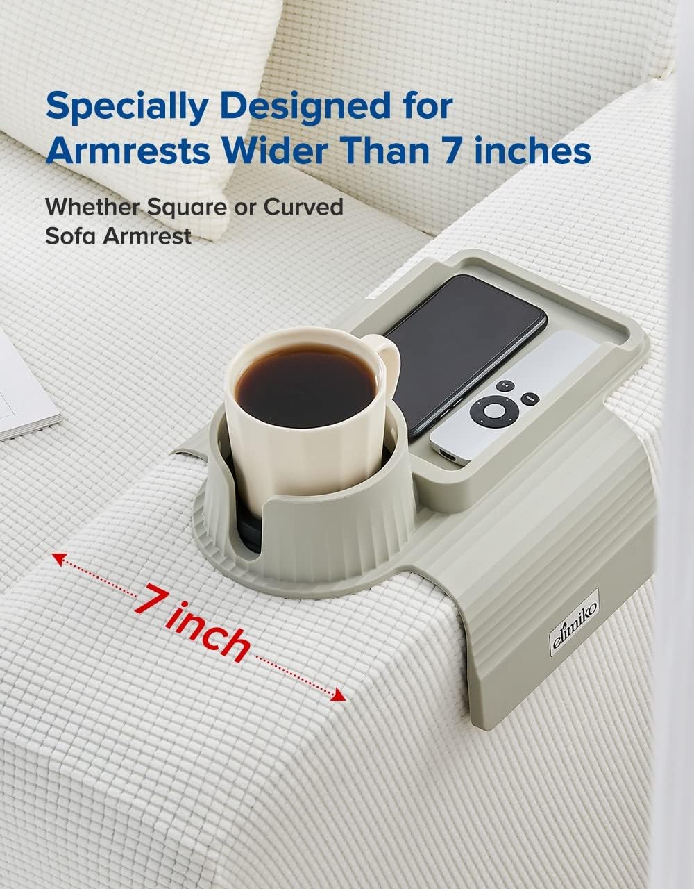 Couch Cup Holder Tray, Elimiko Silicone Sofa Drink Holder with Large Cup Holder and Tray, for Oversized Mugs/Long Remote/Snacks/Cellphone (Griege) - Image 6