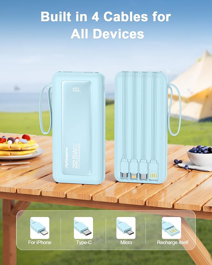 Portable Charger 10000mAh 22.5W Power Bank | Built in 4 Cables, Slim, Fast Charging, USB C LED Display, 6 Outputs & 2 Inputs, Flashlight - Image 3