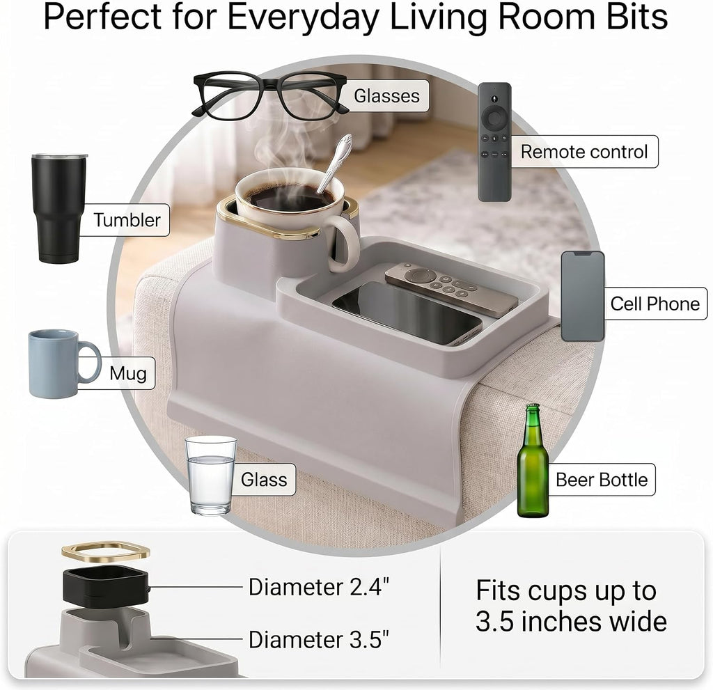 Silicone Recliner Cup Holder, Couch Cup Holder Tray & Armchair Caddy, Weighted Non-Slip Drink Holder for Chairs, Anti-Spill Armrest Beverage Holder for Mugs, Remote & Phone, Beige Grey - Image 2