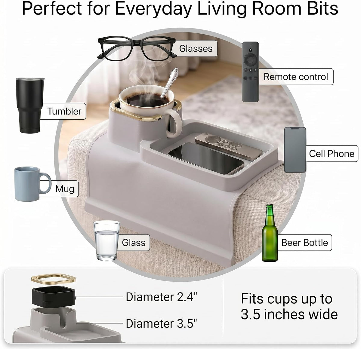 Silicone Recliner Cup Holder, Couch Cup Holder Tray & Armchair Caddy, Weighted Non-Slip Drink Holder for Chairs, Anti-Spill Armrest Beverage Holder for Mugs, Remote & Phone, Beige Grey - Image 2