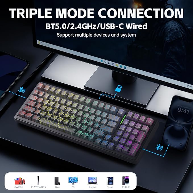 Aula F99 Keyboard Gaming,Wireless Mechanical Keyboards Creamy Sound | Computer Bluetooth Keyboard Full Size Hot Swappable RGB Backlit w/8000mAh Battery,Gradient Grey Tri-Mode BT/2.4GHz/USB - Image 3