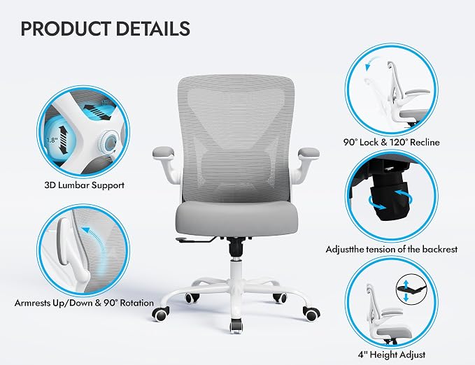 Office Chair: 330LBS Mesh Ergonomic Desk Chair Comfy with 3D Lumbar& Swivel | Ergalithic Computer Chair-Executive Task Work Chairs with Flip-up Arm Home Office Desk Chairs Gaming Chair for Adults(White) - Image 5