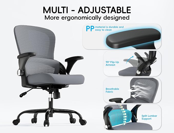 TRALT Office Chair - Ergonomic Office Chair with Back Support for Adults | Home Office Desk Chair with Lumbar Support - Ergonomic Mesh Chairs 330 lb Wide Seat for Work, Office, Gaming(Black Grey) - Image 3