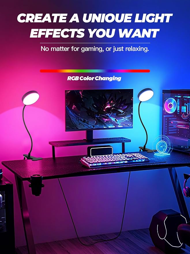 Clip on Light,10 RGB Colors+10 Brightness Small Desk Lamp with Clamp Light | 500 lm Bright 72 LED Desk Light, USB Adapter Reading Lights for Books in Bed/Headboard/Bedside Table/Bedroom/Dorm/Home Office - Image 5