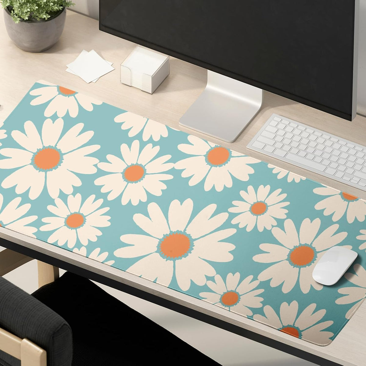 Cute Daisy Flowers Mouse Pad Gaming 31.5x11.8 in Floral Desk Mat Extended Anti-Slip Big Mousepad With Stitched Edges White Daisy Keyboard Pad Mouse Mat Blue for Computer Work Gaming - Image 6