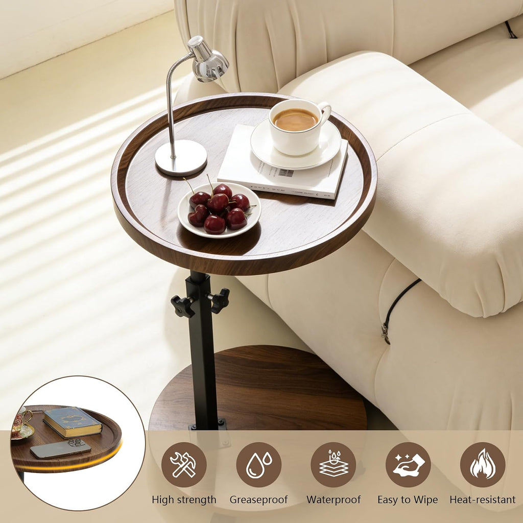 C Table End Table Adjustable Height, Couch Tables That slide under for Small Spaces, 360°Swivel TV Tray Table, C Shaped Side Tables Living Room and Bedroom for Sofa, Bed, Chair, Snack (Walnut Brown) - Image 5