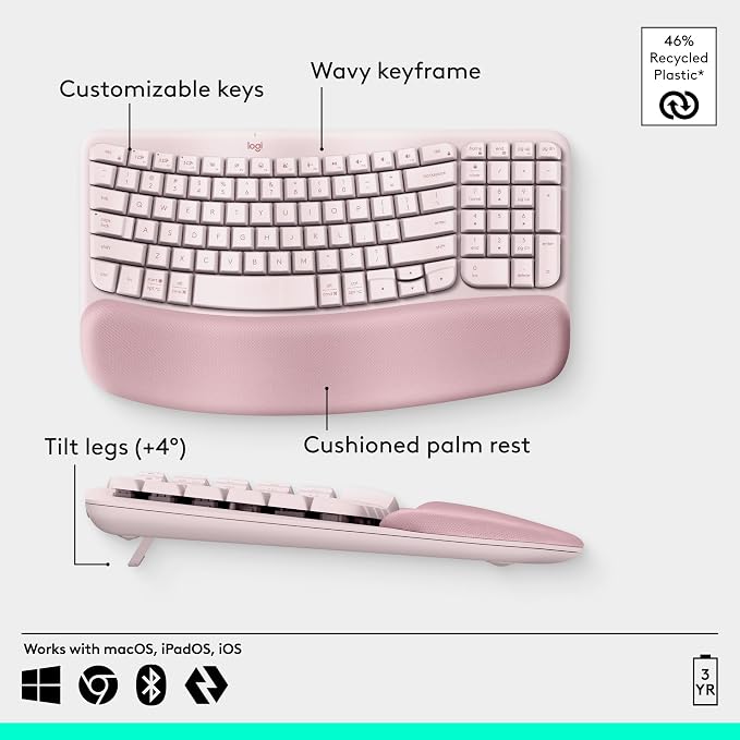 Logitech Wave Keys Wireless Ergonomic Keyboard - Rose | Cushioned palm rest, comfortable natural typing, Easy-Switch, Logi Bolt Receiver, Multi-OS, Windows/Mac - Image 6