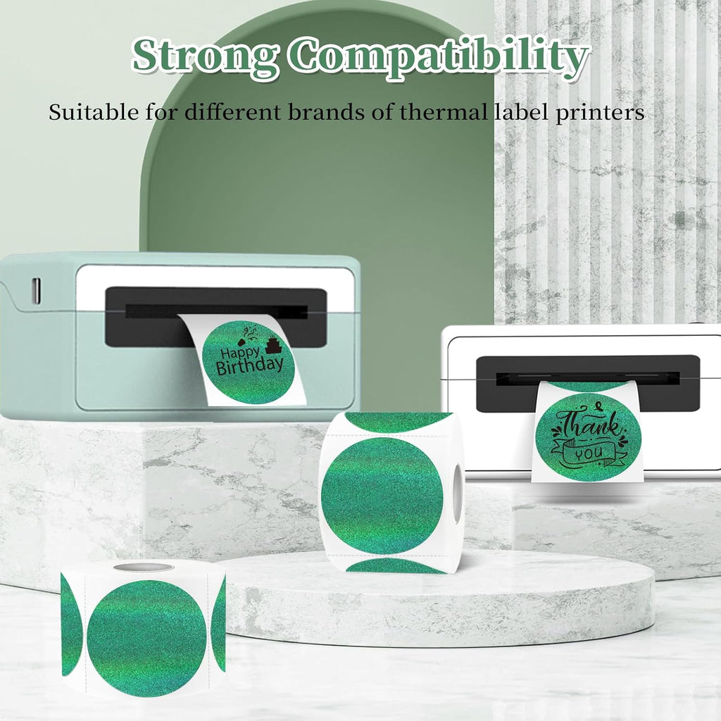 2 Inch Holographic Thermal Labels,Green Round Thermal Printer Labels,Printable Round Thermal Printer Labels Self-Adhesive Direct Thermal Label(300 Labels/Roll Green) - Image 4