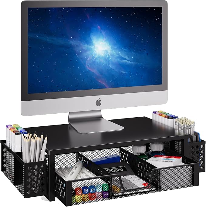 Simple Trending Desk Organizer, Computer Monitor Stand Riser, Black | Metal Laptop & Printer Stand, Desktop Organizer with Drawer & 2 Pen Holders, Anti-Slip Pads, 18.5"W x 9.5"D x 4.75"H by SimpleTrending
