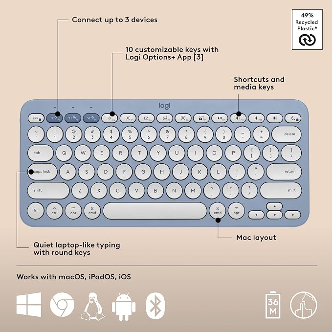 Logitech Pebble 2 Combo Mac Wireless Keyboard and Mouse - Tonal Blue | Slim, quiet, portable, customizable, Bluetooth, Easy-Switch, for Mac, macOS, iPadOS - Image 6
