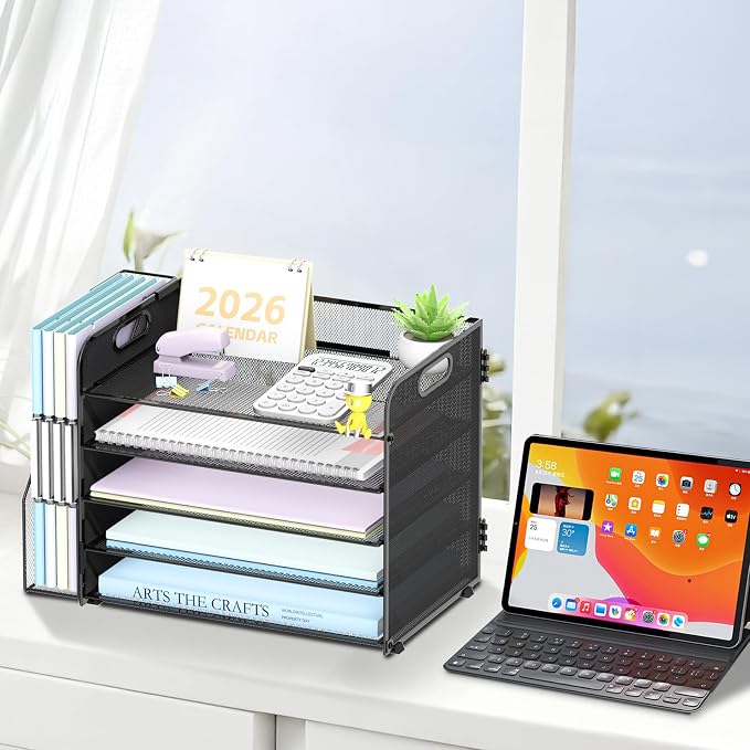 5-Tier Desk Organizer with File Holder, Paper Organizer for Desk, Black | 5 Letter Trays and Vertical File Holder with Metal Mesh Frame for Papers Folders Books and Mail in Office Home or School - Image 4
