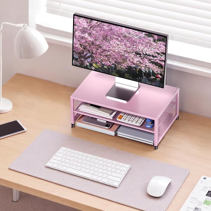 ECOLOVI 2-Tier Computer Monitor Stand Riser, Printer & Laptop Stand, Office Desk Accessories, Workspace Desk Organizer for Home Office Supplies, Pink - Image 5