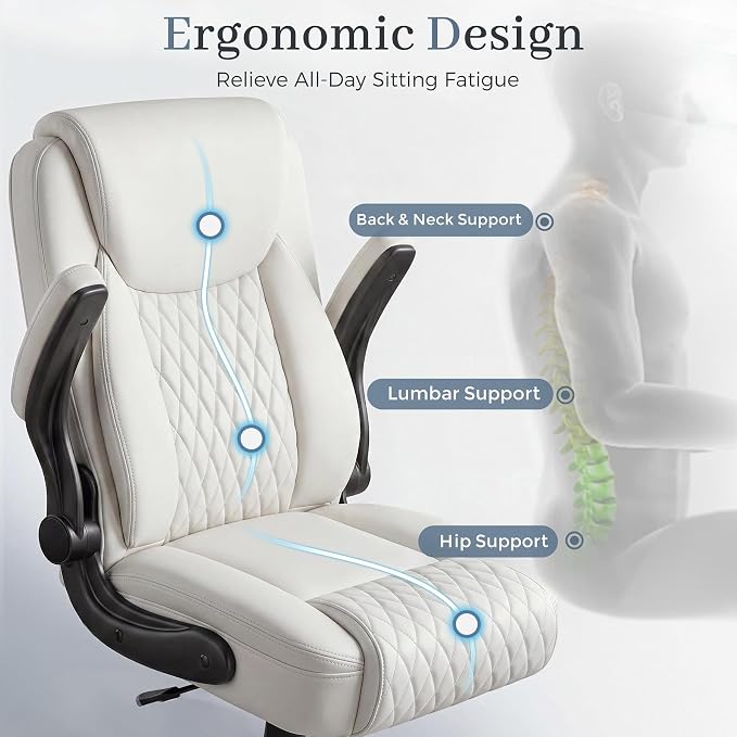 GTPOFFICE Executive Office Chair with Comfortable Lumbar Support, Ergonomic Gaming Chair with Flip-up Armrests & Zoned Pressure-Relief Cushion, Comfy PU Leather Desk Chair, White - Image 6