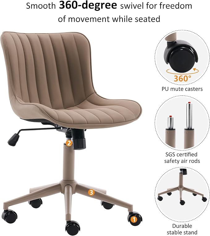 YOUNIKE Office Desk Chair with Wheels Armless Vanity Chair Ergonomic Khaki | Faux Leather Upholstered with Rocking Back, Swivel Height Adjustable, Modern Small Cute Task Chair For Sewing Drafting - Image 4