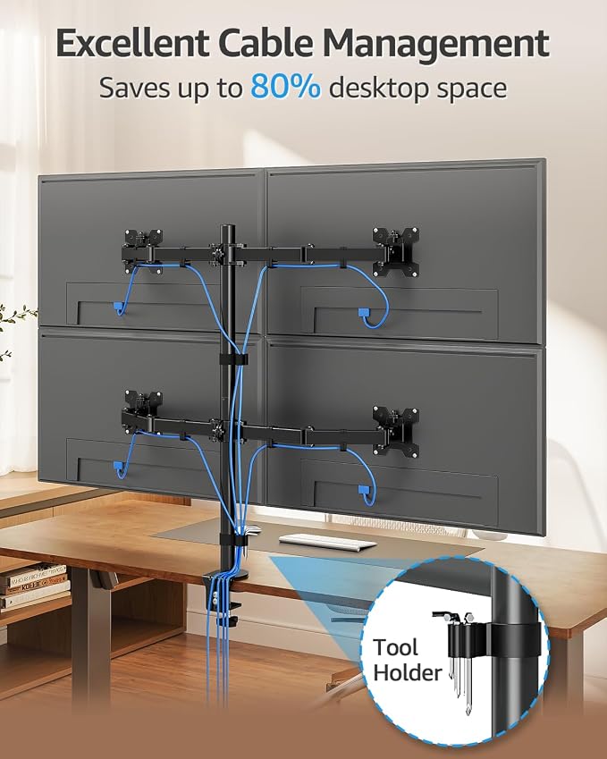 MOUNTUP Quad Monitor Stand, 4 Monitors Desk Mount for 17 to 32 inch Computer Screens, Fully Adjustable Stacked Mount with Tilt Swivel, 4 Heavy Duty Monitor Mount, Holds up to 17.6lbs per Arm - Image 9