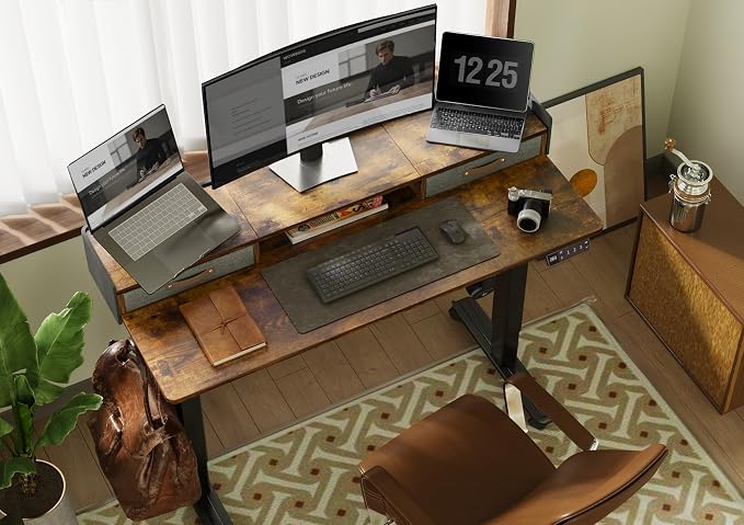 Claiks Standing Desk with Drawers & Wheels, 2 Height Shelf 63" Rustic Brown | 2 height adjust shelf, tabletop drawers, felt fence design, sturdy supports 176 lbs, 4 wheels, 2 tire monitor stand - Image 2