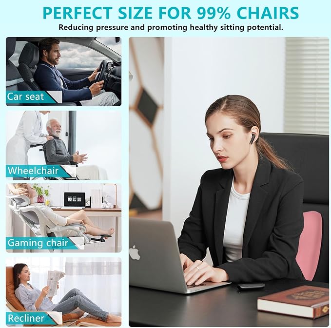 3 PCS Seat Cushion for Carseat Lumbar Support Pillow Car Neck Headrest Pillows 100% Memory Foam Seat Pads Pressure Relief Back Cushion for Office Chair(Pink) - Image 5
