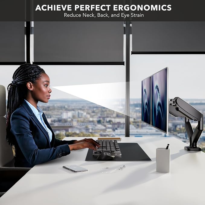 Mount-It! Dual Monitor Desk Mount, 13-32", 17.6 lbs Each | Two independent gas spring arms, full motion, VESA 75x75 & 100x100, C-clamp & grommet base. - Image 5