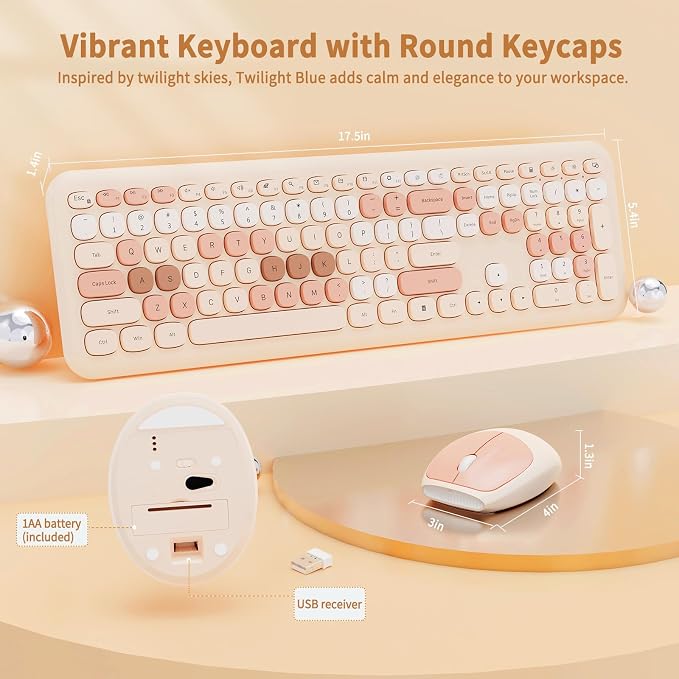Nowlike Wireless Keyboard and Mouse Combo, Retro Typewriter Keyboard with Round Keycaps, Full-Size Ergonomic, Brown, Ideal for Windows PC, Home, Office, and College, Wireless Keyboard Mouse Combo - Image 6