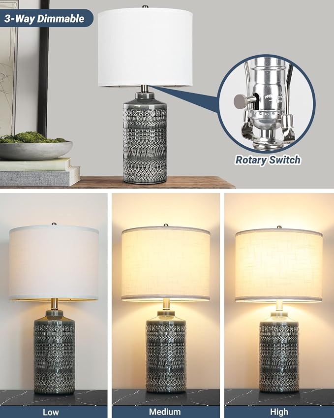Modern Ceramic Table Lamp, 24.5" Living Room Lamps 3-Way Dimmable Gray Nightstand Lamp with White Shade|Tall Bedside Lamp Desk Decor Lamps for Bedrooms Farmhouse Office End Table Lamps(Bulb Included) - Image 2