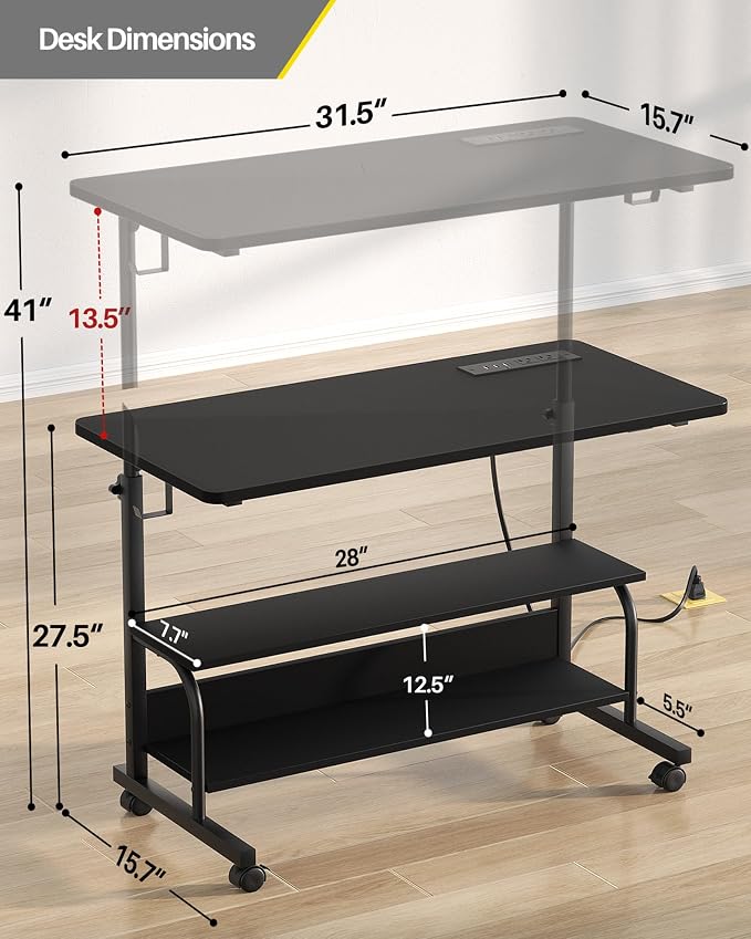 32" Rolling Standing Desk with Charging Station for Couch Bed | Height Adjust 27.5-41", 2 AC/3 USB, Mobile 4 Lockable Wheels, 2-tier Shelves Hook, Safe Corner Fast Assembly - Image 3