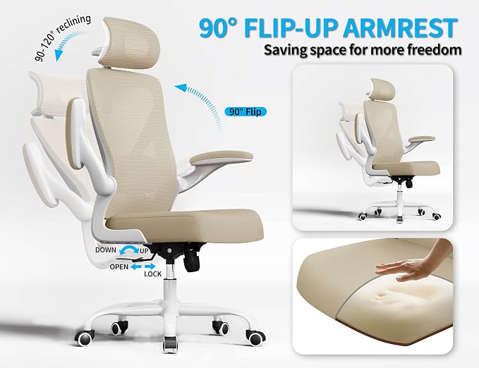 Ergonomic Office Chair: Mesh Desk Chair Comfy with Headrest& Lumbar Support | Ergalithic Big and Tall Office Chairs with Wheels & Flip-Up Arms-Computer Gaming Chairs for Adults Home Office Chairs(Beige) - Image 3