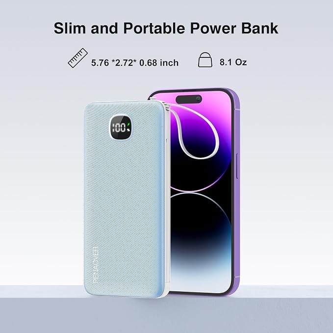 Portable Charger 10000mAh 22.5W Power Bank,Built-in 3 Cables & AC Wall Plug | Fast Charging, 0.68in Ultra Slim,Charge 5 Devices,TSA Approved Travel Essential Battery Pack for iPhone/Samsung/Android - Image 7