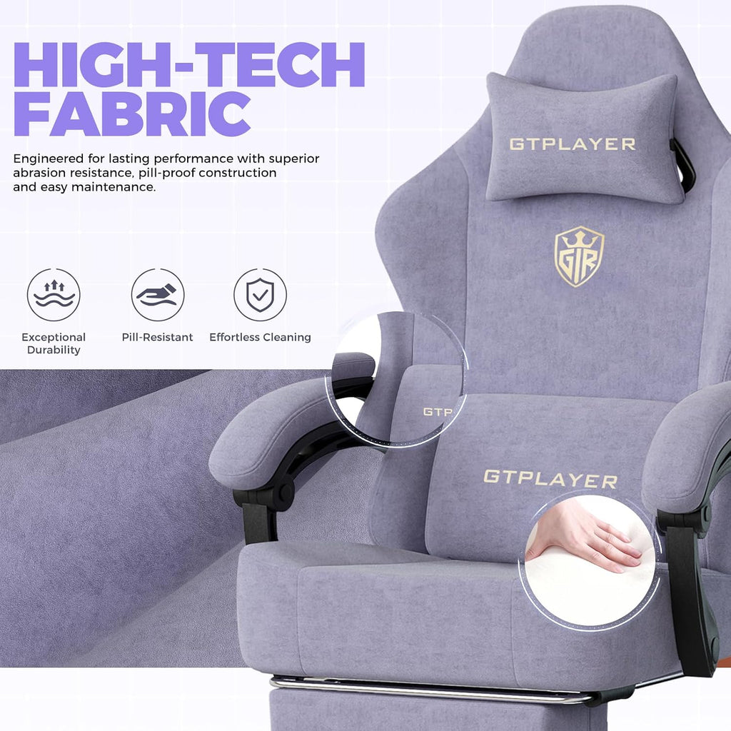 GTPLAYER Big and Tall Gaming Chair Fabric with Pocket Spring Cushion, High Back Ergonomic Computer Chair with Footrest for Adults Lumbar Support Swivel Game Chair for Office 350LBS, Macaron Purple - Image 6