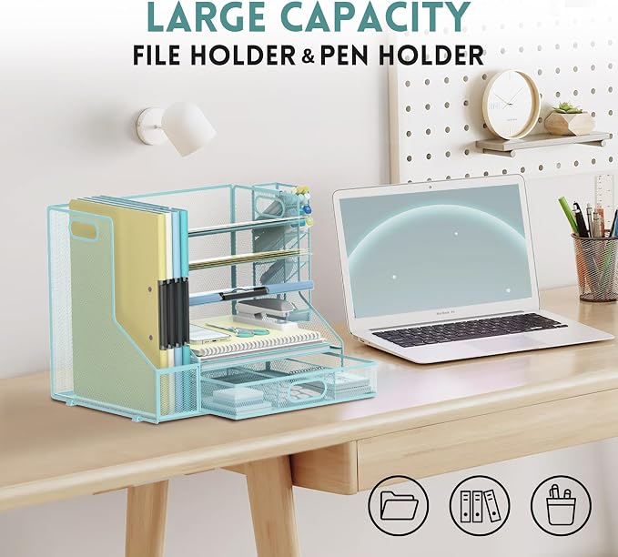 5-Tier Desk Organizer with File Holder & Pen Holder & Sliding Drawer, Blue | Mesh Metal Paper Letter Tray for Papers, Mail, Office Supplies, and Desk Accessories - Image 2