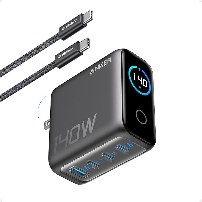 Anker 140W Max 4-Port GaN Charging Blocks,Smart Display for MacBook Charger | Fast Charger USB C Power Adapter with Touch Controls for Macbook Pro,iPad,iPhone 17/16 Series(Include 5FT Cable,Non-Battery) by Unknown