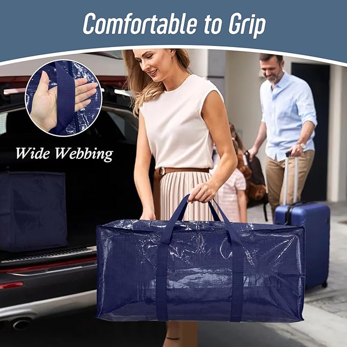 6 Pack Extra Heavy Duty Large Moving Bags with Strong Zipper, Dark Blue | Comfortable Handles, Sturdy & Durable Clothes Storage Bags Totes Bins, Blue Packing Moving Boxes for College Supplies - Image 6