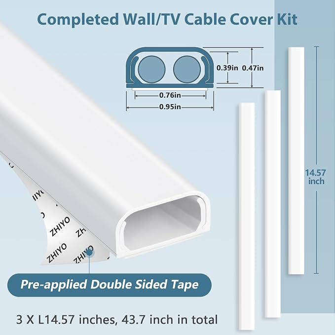 ZhiYo 43" Cord Covers for Wires on Wall, White Cord Hider, 0.95" W x 0.47" | Fits 2-3 Cords, Premium Paintable Raceway for Wall-Mounted TV, Self-Adhesive Wire Hider for Extension Cords & Ethernet Cables - Image 3