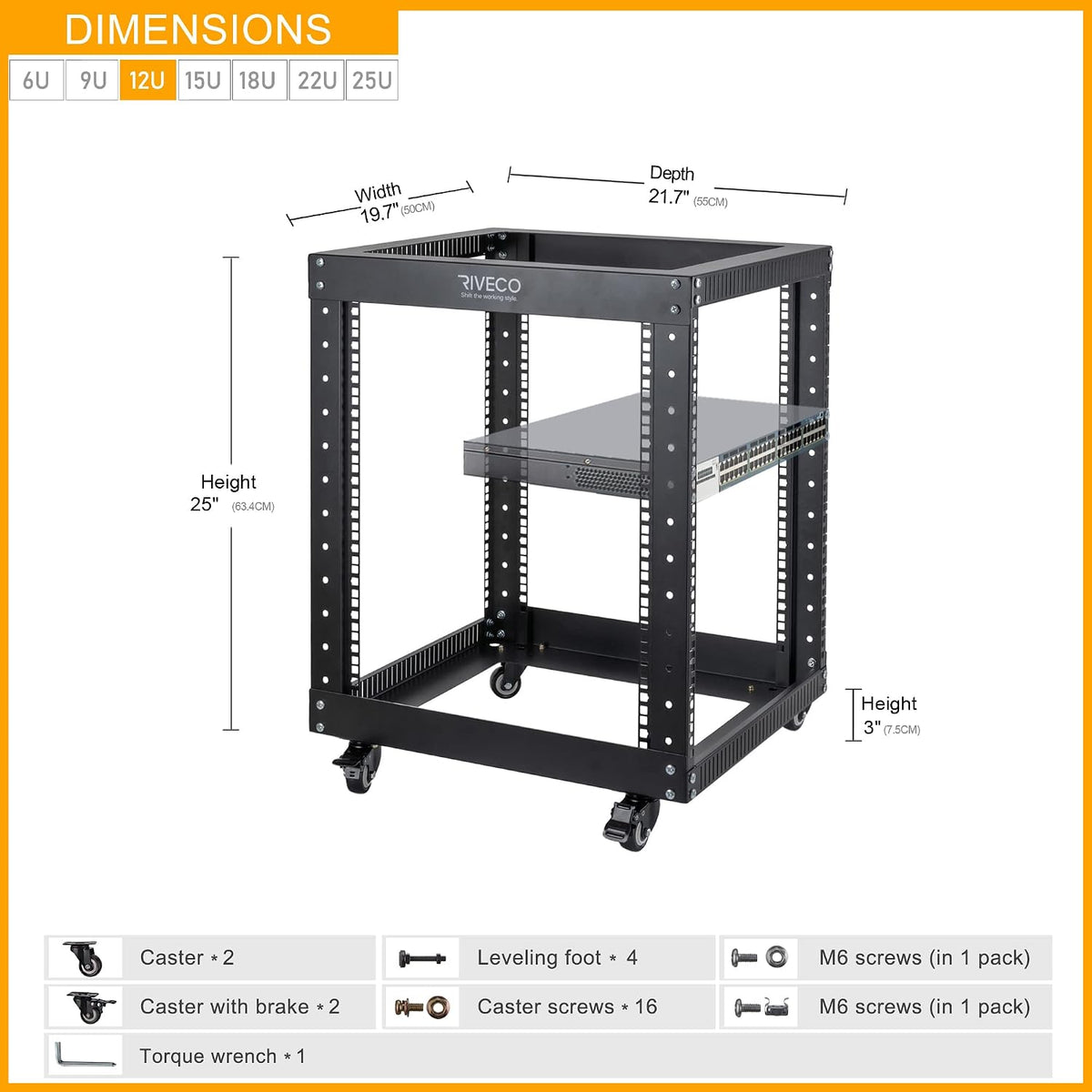 12U Server Rack Open Frame with Casters-RIVECO 4 Post Quick Assembly 19-inch, Data Rack Network Shelf Cabinet Heavy Duty Black - Image 3