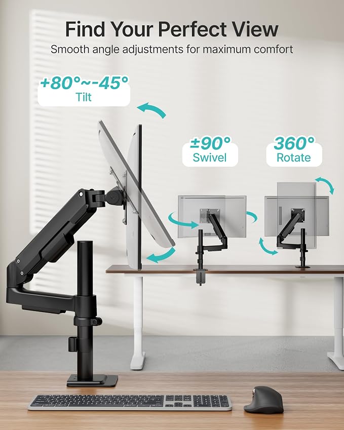 Single Monitor Arm for 17-32 Inch Screens, Holds up to19.8 lbs | Desk Monitor Mount with Clamp and Grommet Base,Gas Spring Monitor Stand,Full Motion Monitor Arms for Home Office - Image 3