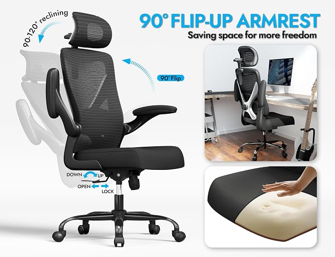 Ergonomic Office Chair: Mesh Desk Chair Comfy with Headrest& Lumbar Support | Ergalithic Big and Tall Office Chairs with Wheels & Flip-Up Arms-Computer Gaming Chairs for Adults (Black-Pack of 4) - Image 8