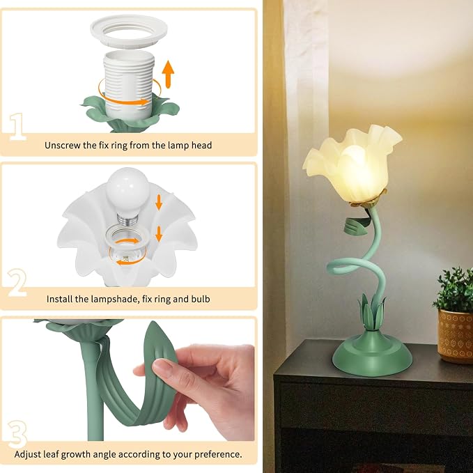 Cute Flower Desk Lamp, 3 Color Temperature Table Lamp with LED Bulb, Vintage Bedside Lamps, Reading Lamps with Soft Light for Bedroom, Living Room - Image 5