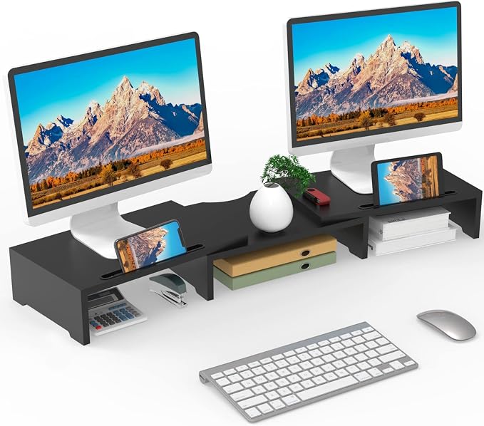 WALI Dual Monitor Stand Riser, 3 Shelf Laptop and Computer Monitor Stand with Phone Holder, Length and Angle Adjustable Desk Organizer (PTT007T-B), Black by WALI