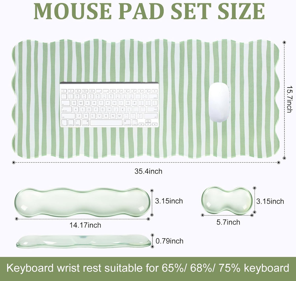 L-SPOUTTO Green Striped Mouse Pad Set,Scalloped Cute XXL Desk Mat Set - Image 5