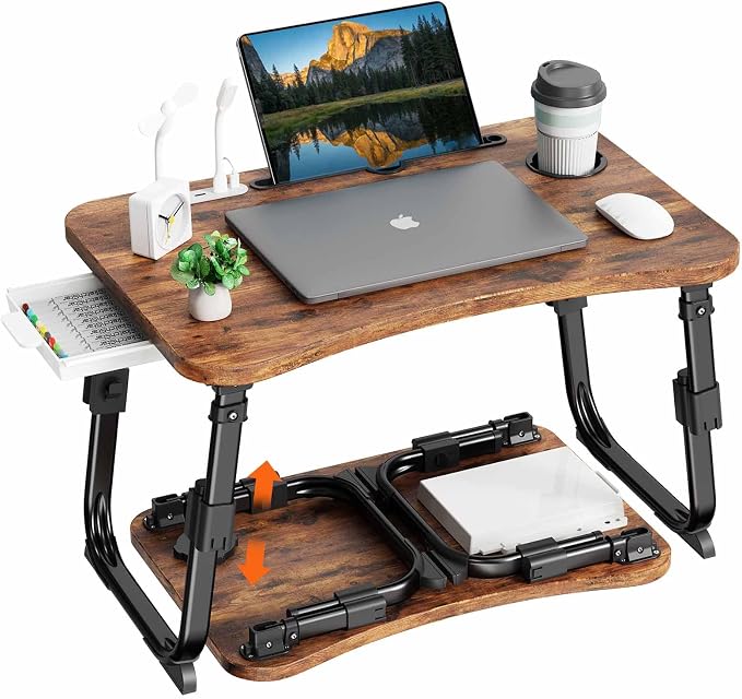 BYMECOST Laptop Desk for Bed, Height Adjustable Laptop Bed Table, Foldable Portable Lap Desk Stand with USB/Storage Drawer/Cup Holder/Slot, Breakfast Tray for Working Reading Writing Eating by BYMECOST