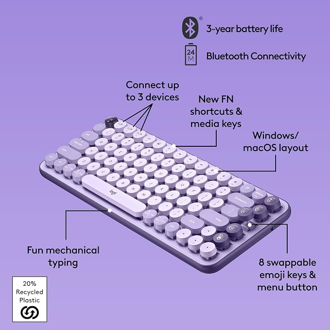 Logitech POP Keys Mechanical Wireless Keyboard - Cosmos | Customizable emoji keys, durable compact design, USB connectivity, multi-device, multi-OS compatible - Image 6