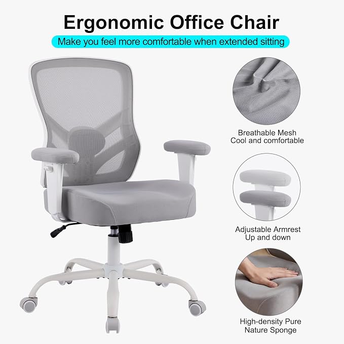 YFO Ergonomic Office Chair, Mesh Computer Desk Chair with Adjustable Back Lumbar Support and Armrests, Comfy Executive Rolling Swivel Task Chair for Home Office, Grey - Image 6