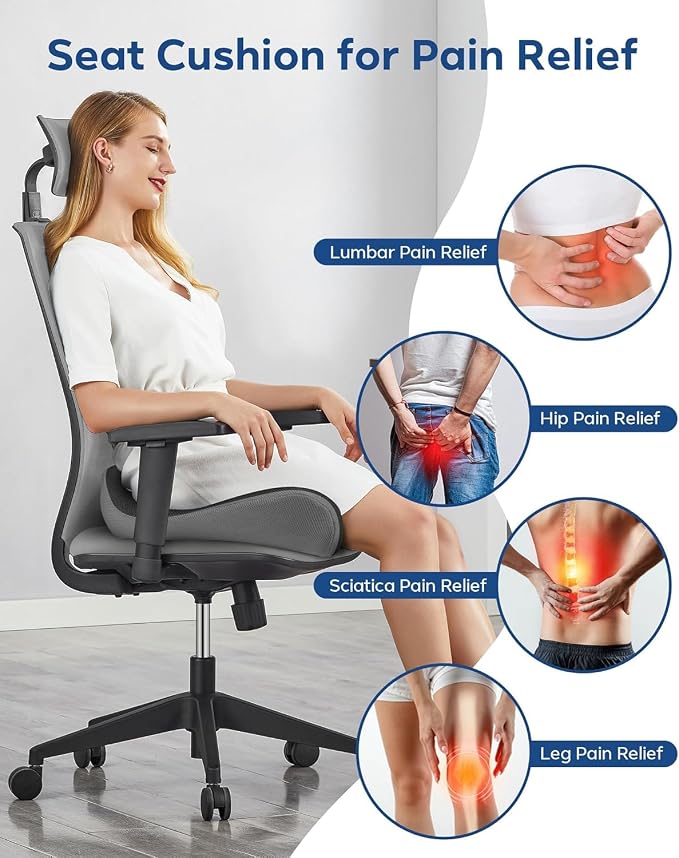 Seat Cushion - Memory Foam Ergonomic Seat Cushion -for Long Sitting | Seat Cushion for Tailbone Pain Relief - for Desk Chair, Car& Wheelchair Car Seat Pad for Hip and Lower Back Comfort Gray - Image 2