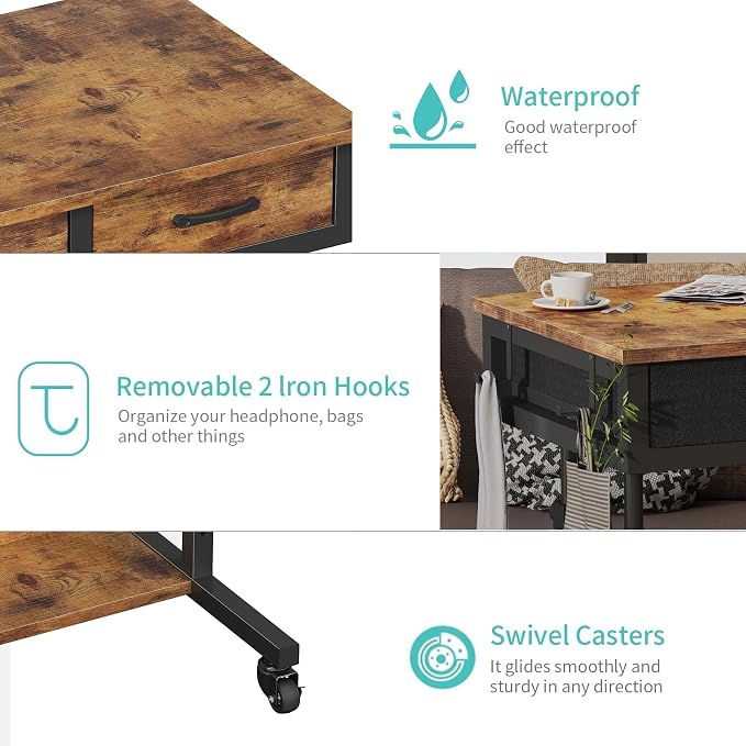 Small Portable Standing Rolling Desk - 32 Inch Adjustable Mobile Stand Up Teacher Desks with 2 Fabric Drawers on Wheels, Couch Sofa Side Laptop Table with Storage for Bedroom Home Office, Rustic Brown - Image 9